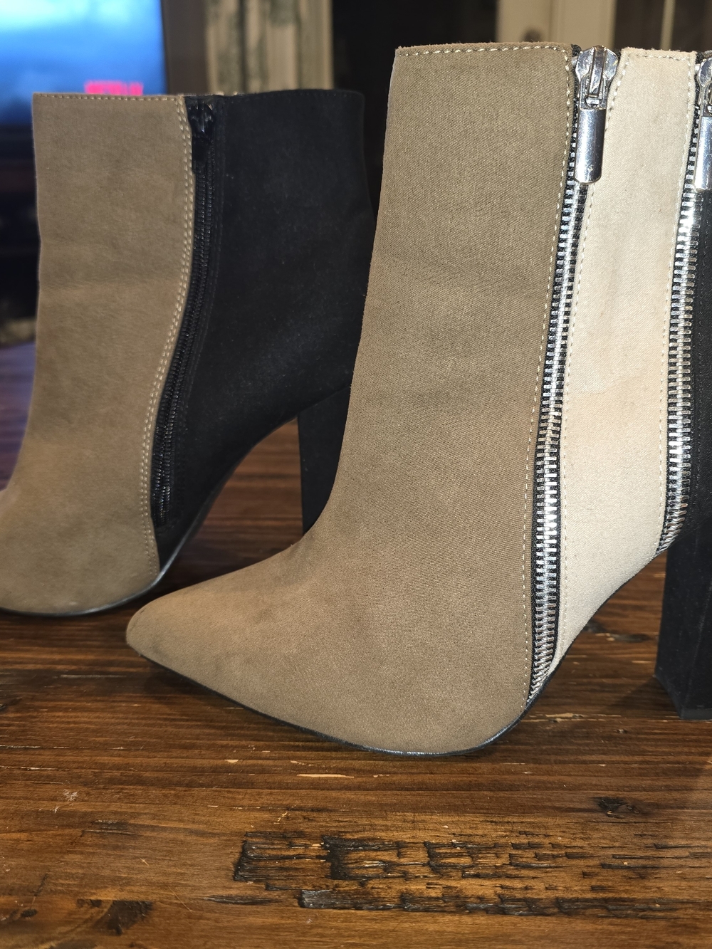 JustFab Three-Tone Pointed Suede Ankle Boot in Tan,  Taupe & Black